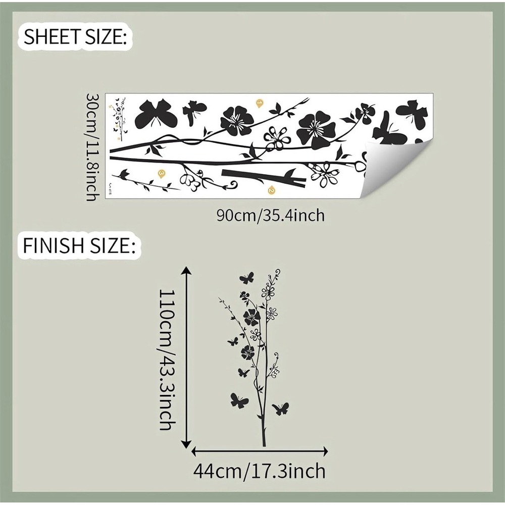 Black Floral Vine Wall Decal Butterfly Flower Botanical Wall Sticker Art Mural - Picture 2 of 2
